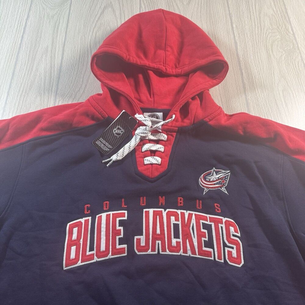 Columbus Blue Jackets Lace Up Hoodie Men’s L Blue Logo Spellout Hockey CBJ New